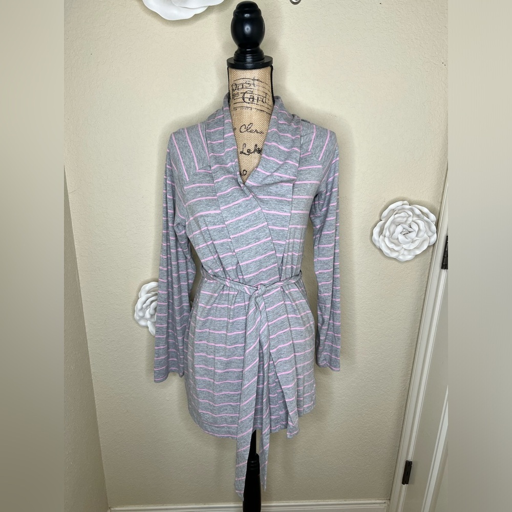 Bump in the Night Gray & Pink Striped Shorter Maternity/Nursing Robe Sz L